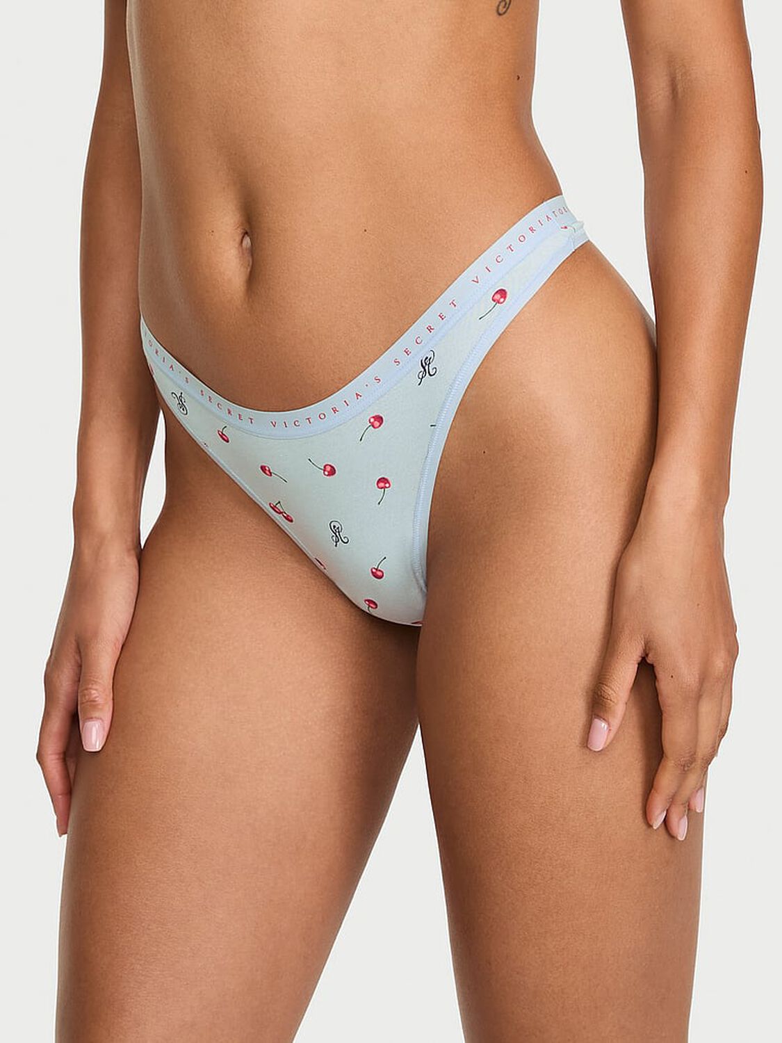 vs Victoria's Secret Stretch Cotton High-Leg Scoop Thong Panty Linen Cherries 1 of 3 