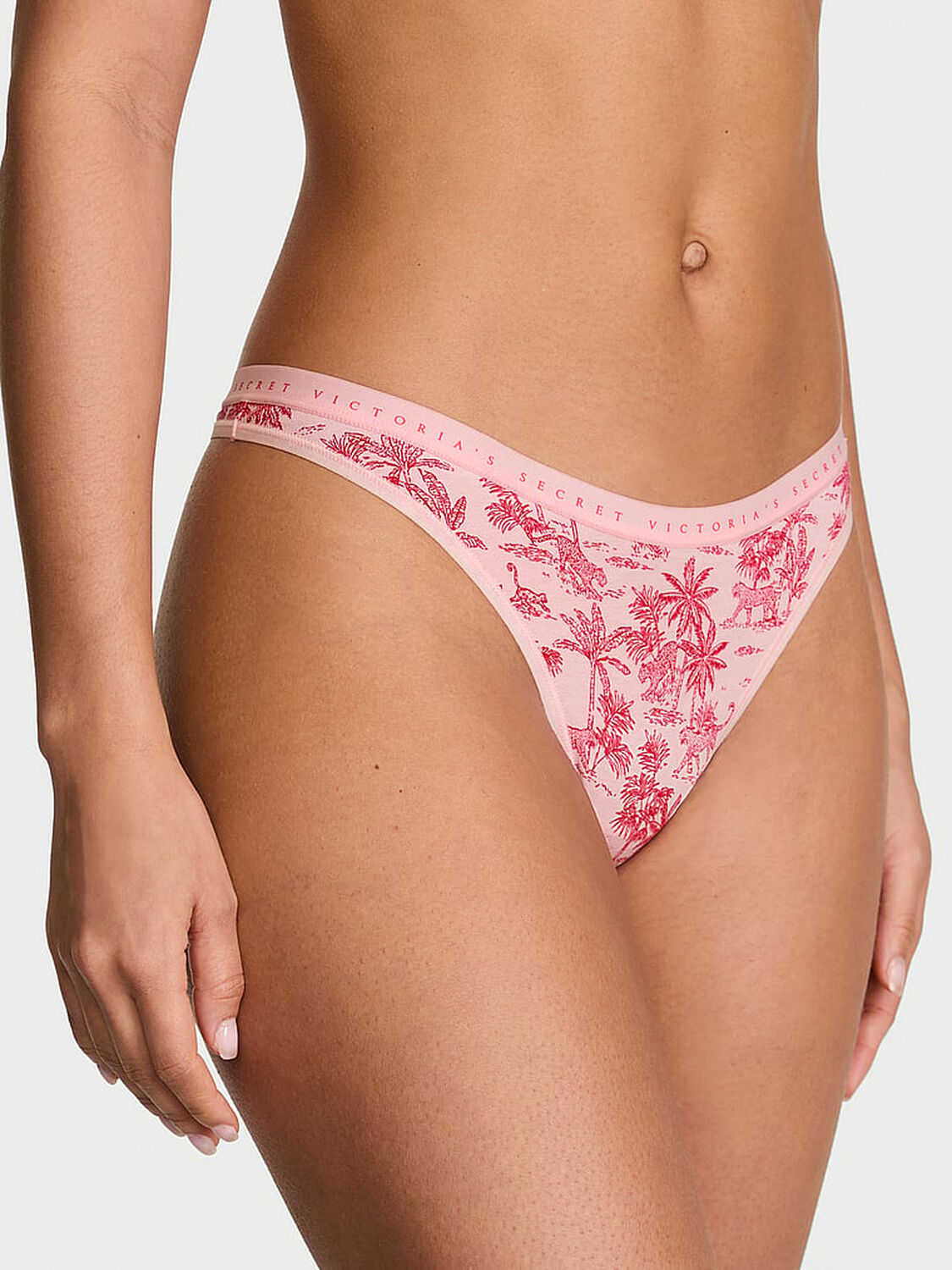 vs Victoria's Secret Stretch Cotton High-Leg Scoop Thong Panty Pink Jungle Toile 1 of 3 