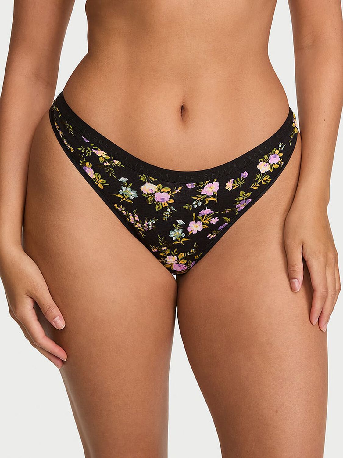 vs Victoria's Secret Stretch Cotton High-Leg Scoop Thong Panty Black Blooming Floral 1 of 2 