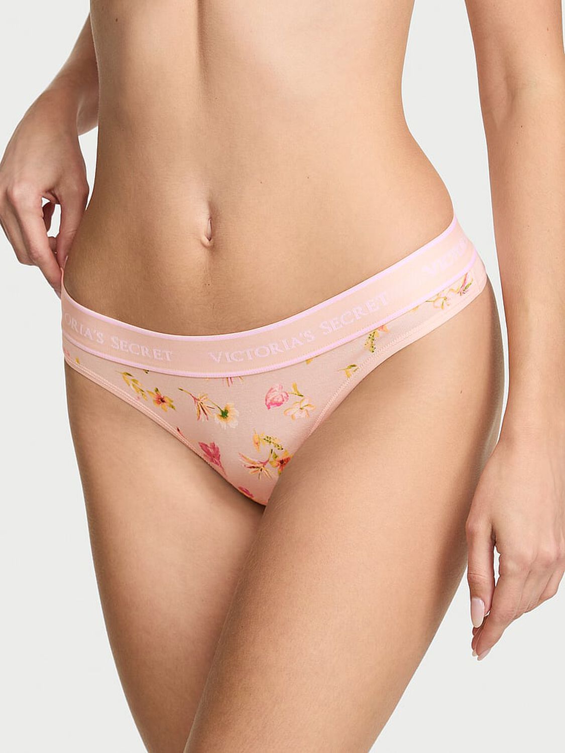 vs Cotton Logo Cotton Thong Panty Pink Tint Floral 1 of 3 