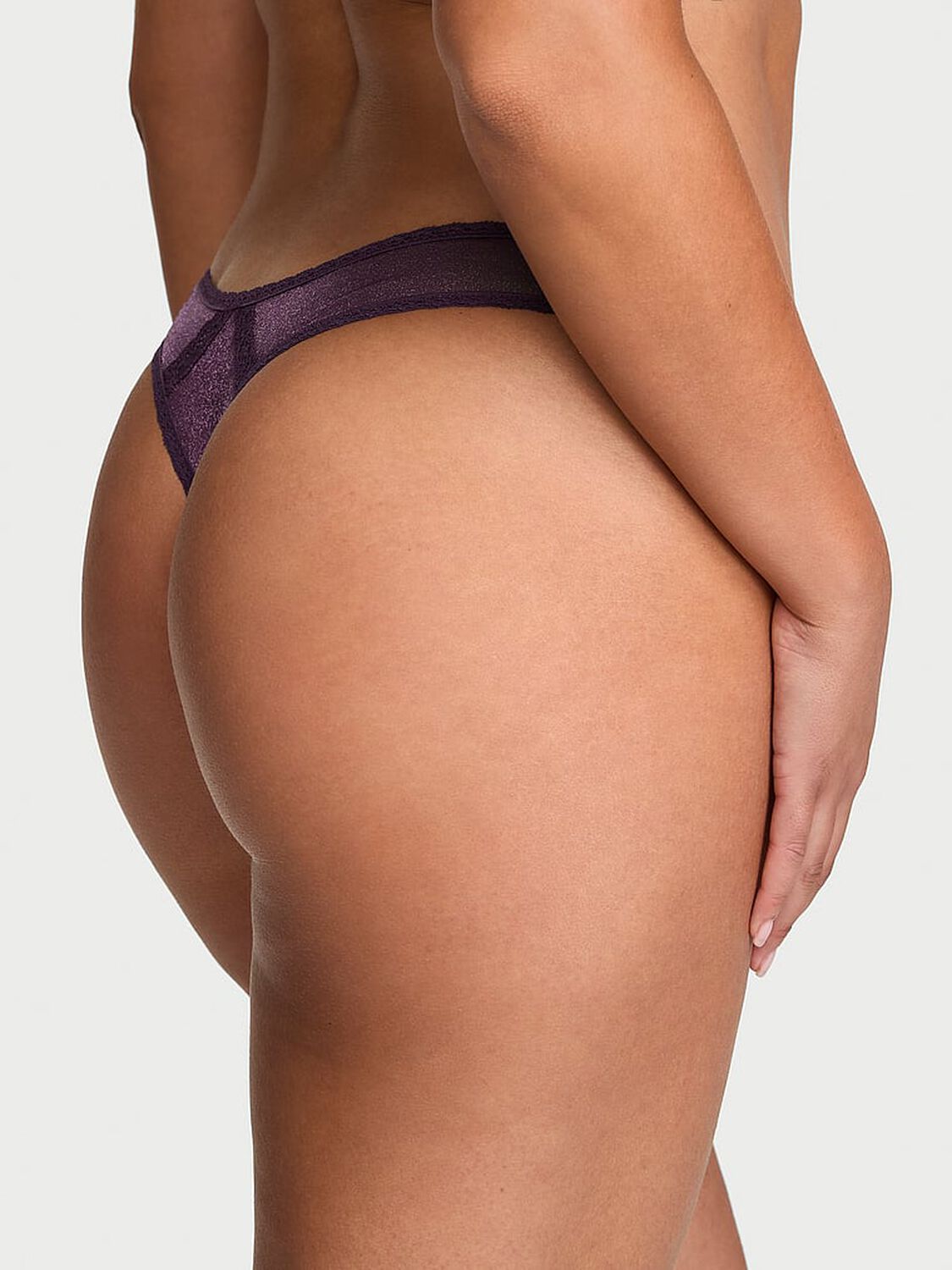 vs Dream Angels Sheer Shimmer Lace-Trim Thong Panty Shadow Purple 2 of 3 