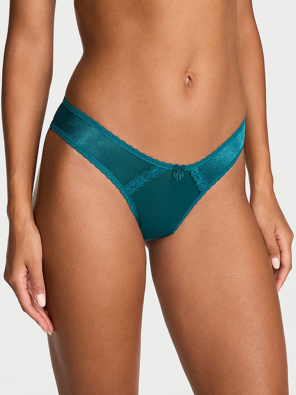 vs Dream Angels Sheer Shimmer Lace-Trim Brazilian Panty Aquarium Blue 1 of 2 