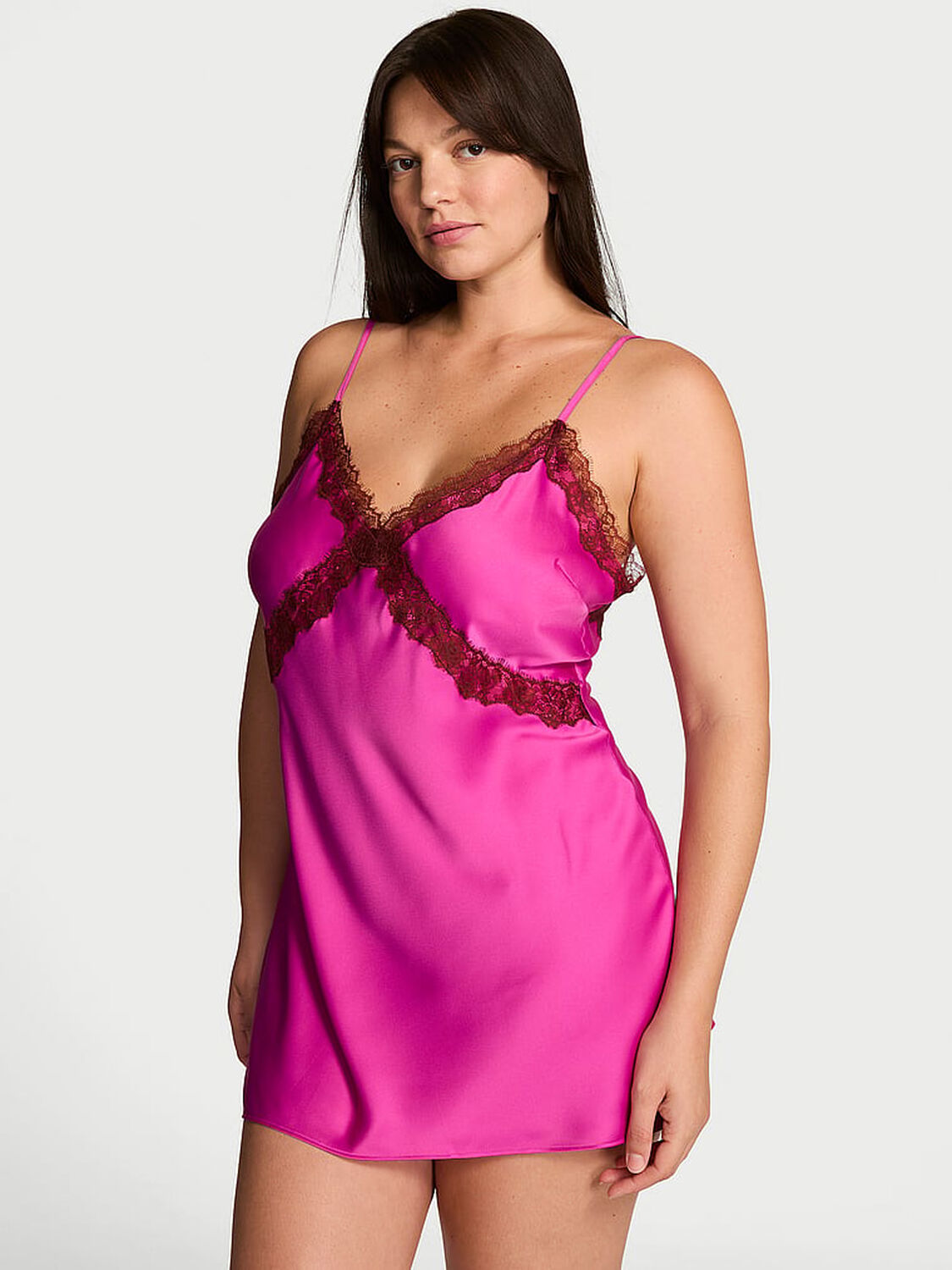 vs Very Sexy Satin Rose Lace-Trim Mini Slip Dress Pink Fire 1 of 3 