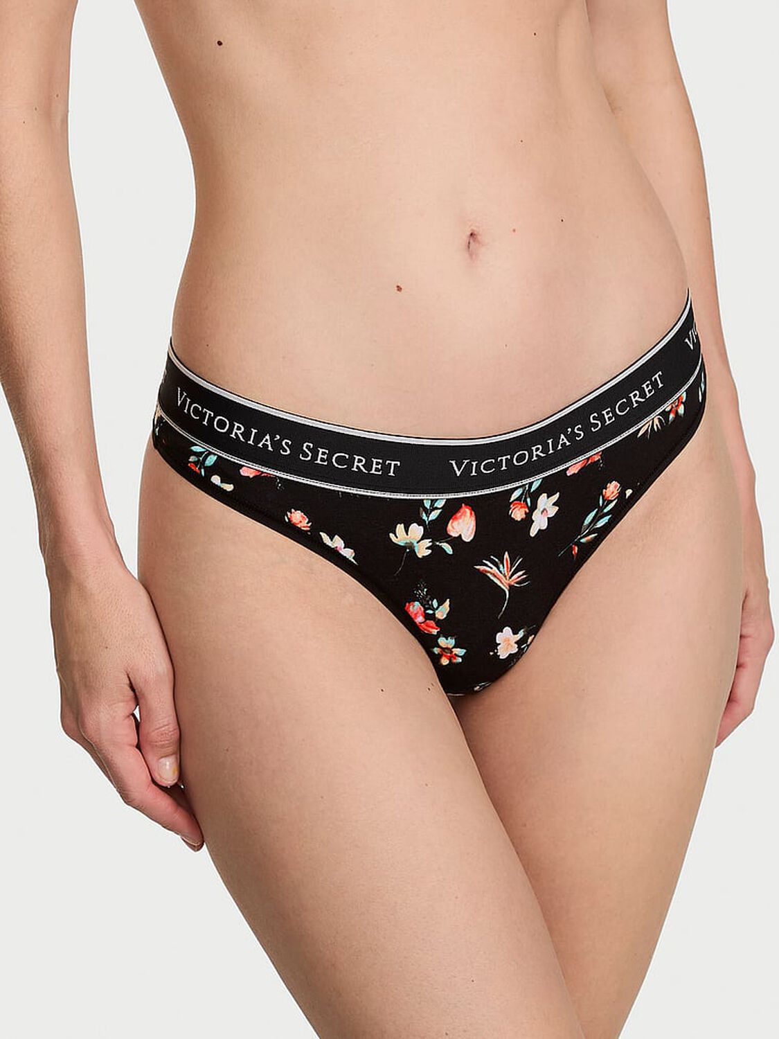 vs Cotton Logo Cotton Thong Panty Black Floral 1 of 3 