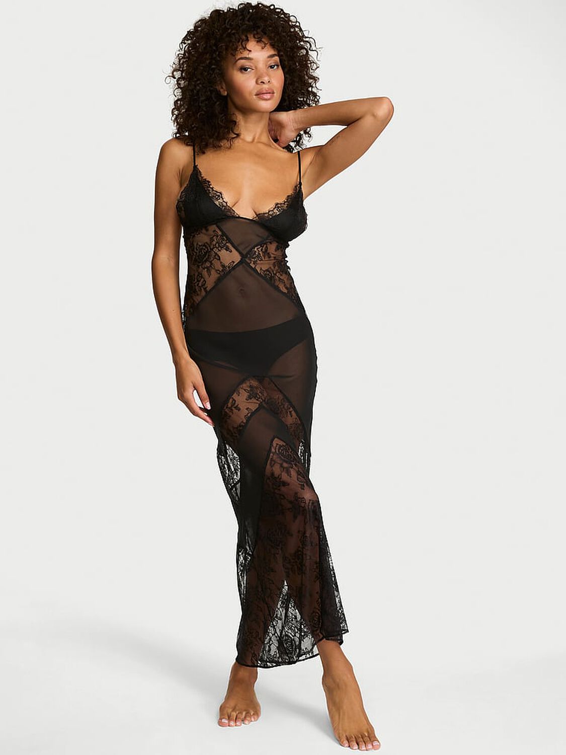 vs Very Sexy Chiffon & Rose Lace Maxi Slip Dress Black 1 of 3 