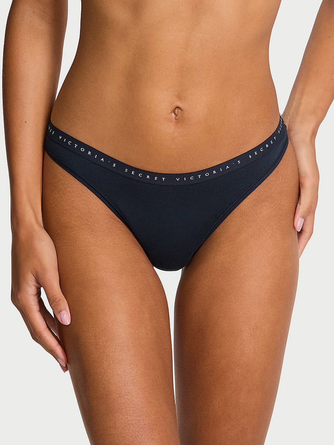 vs Victoria's Secret Stretch Cotton High-Leg Scoop Thong Panty Noir Navy 1 of 2 
