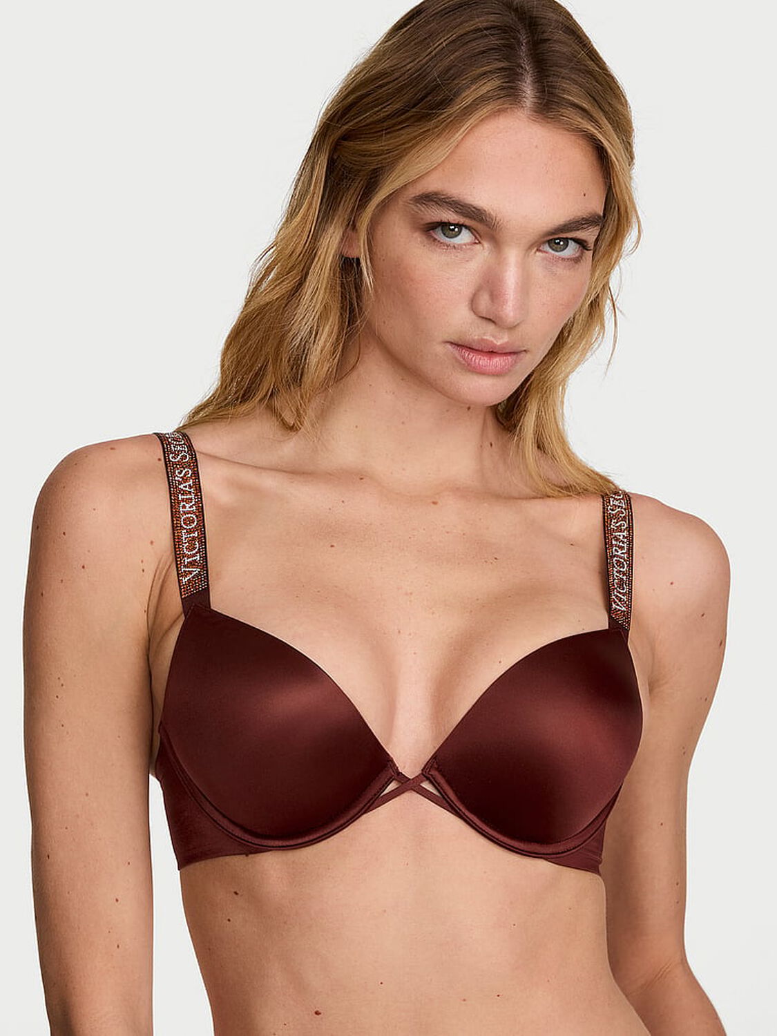 vs Very Sexy Bombshell Logo Shine Strap Add-2-Cups Push-Up Bra Dark Chili 1 of 3 