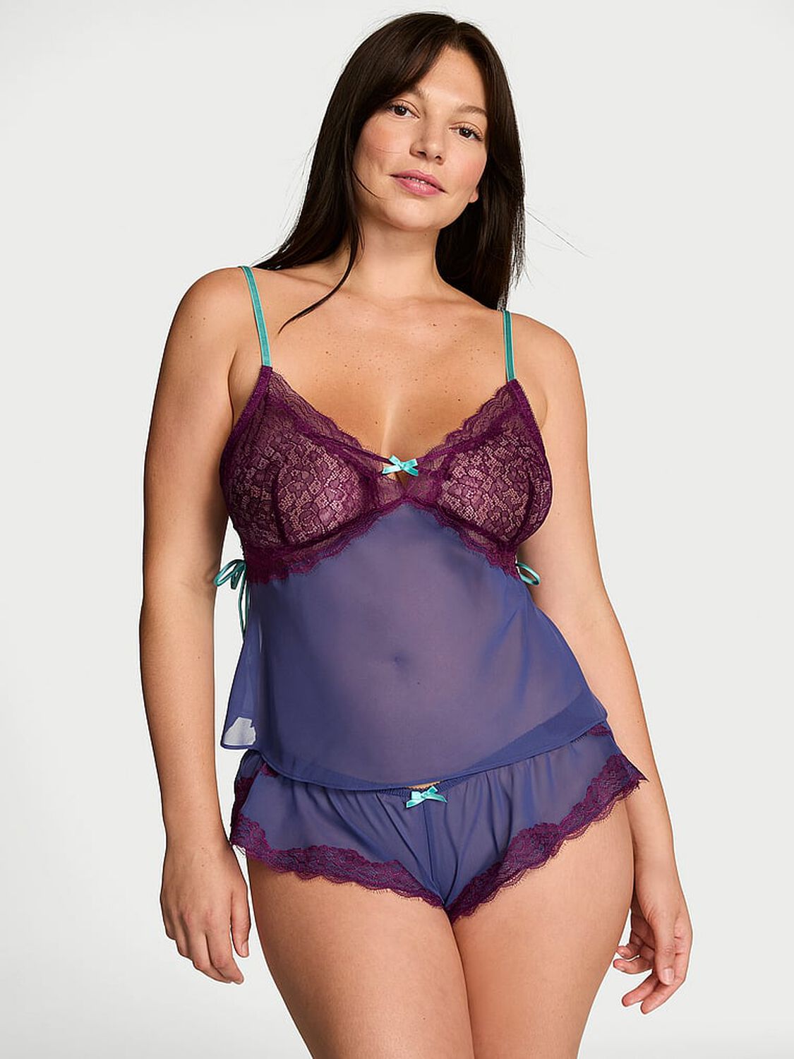 vs Victoria's Secret Tease Chiffon Lace-Trim Cami Set Irresistible Indigo 1 of 3 