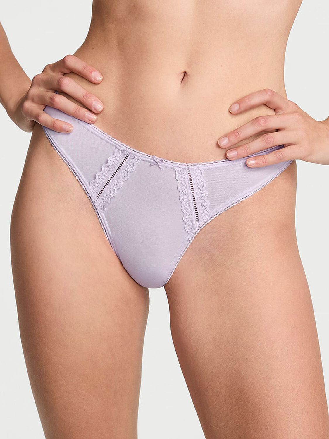 vs Victoria's Secret Cotton Lace-Trim High-Leg Scoop Thong Panty Purple Whisper 1 of 3 