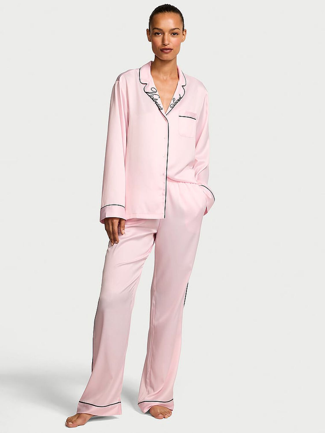 vs Victoria's Secret Glazed Satin Long Pajama Set Angel Pink W Collar Embroidery 1 of 5 