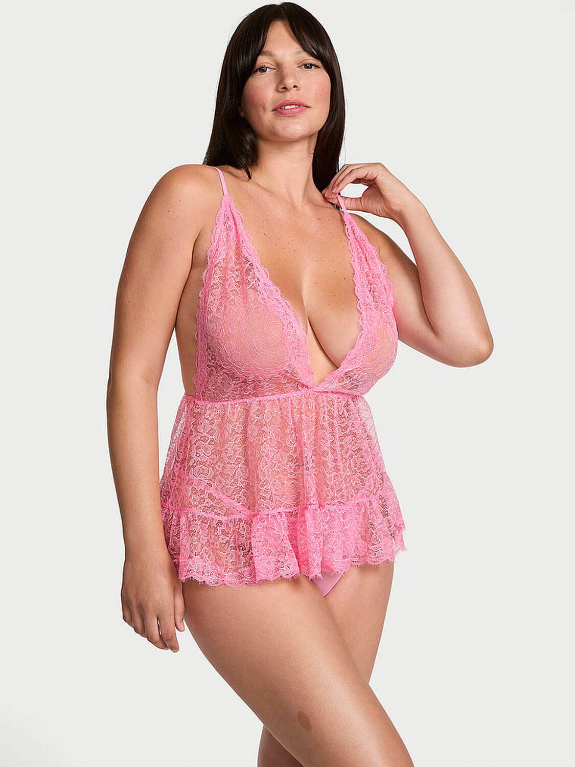 vs Victoria's Secret Tease Lace Plunge Babydoll Set Sexy Little Pink 1 of 3 