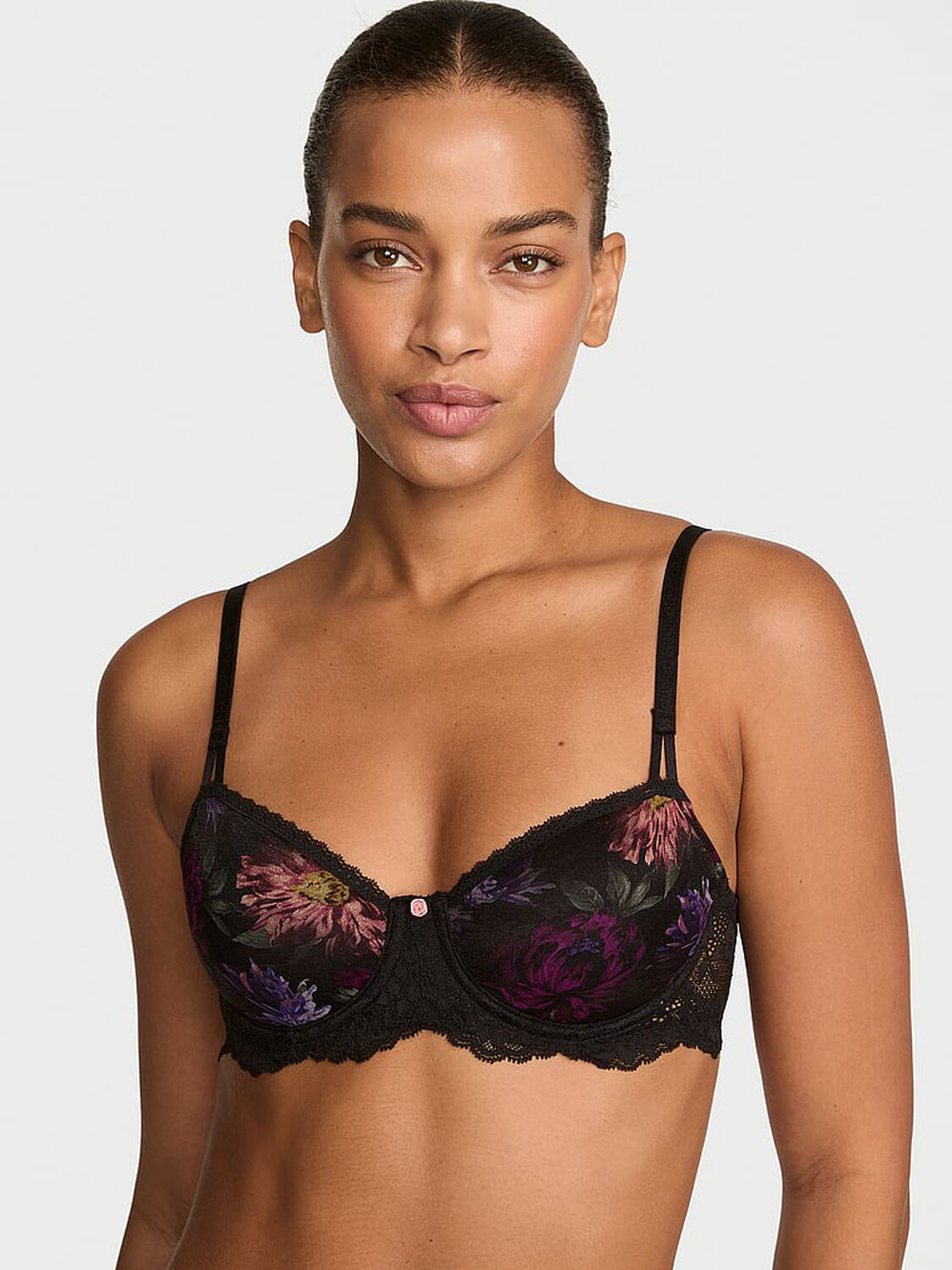 vs Dream Angels Wicked Sheer Shimmer Unlined Balconette Bra Dark Bloomy Floral 1 of 4 