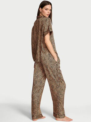 Glazed Satin Short-Sleeve Long Pajama Set