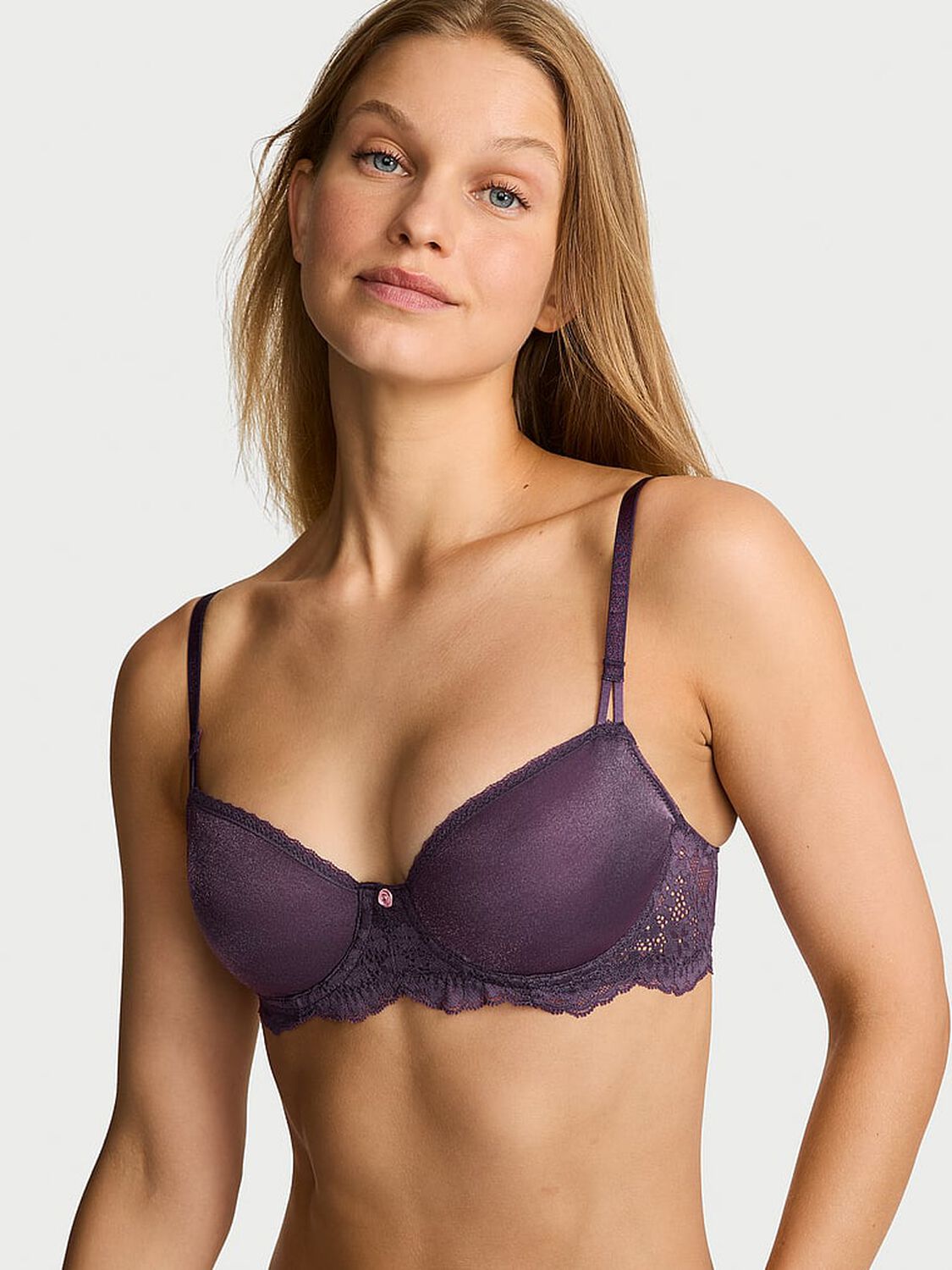 vs Dream Angels Wicked Sheer Shimmer Unlined Balconette Bra Shadow Purple 1 of 4 