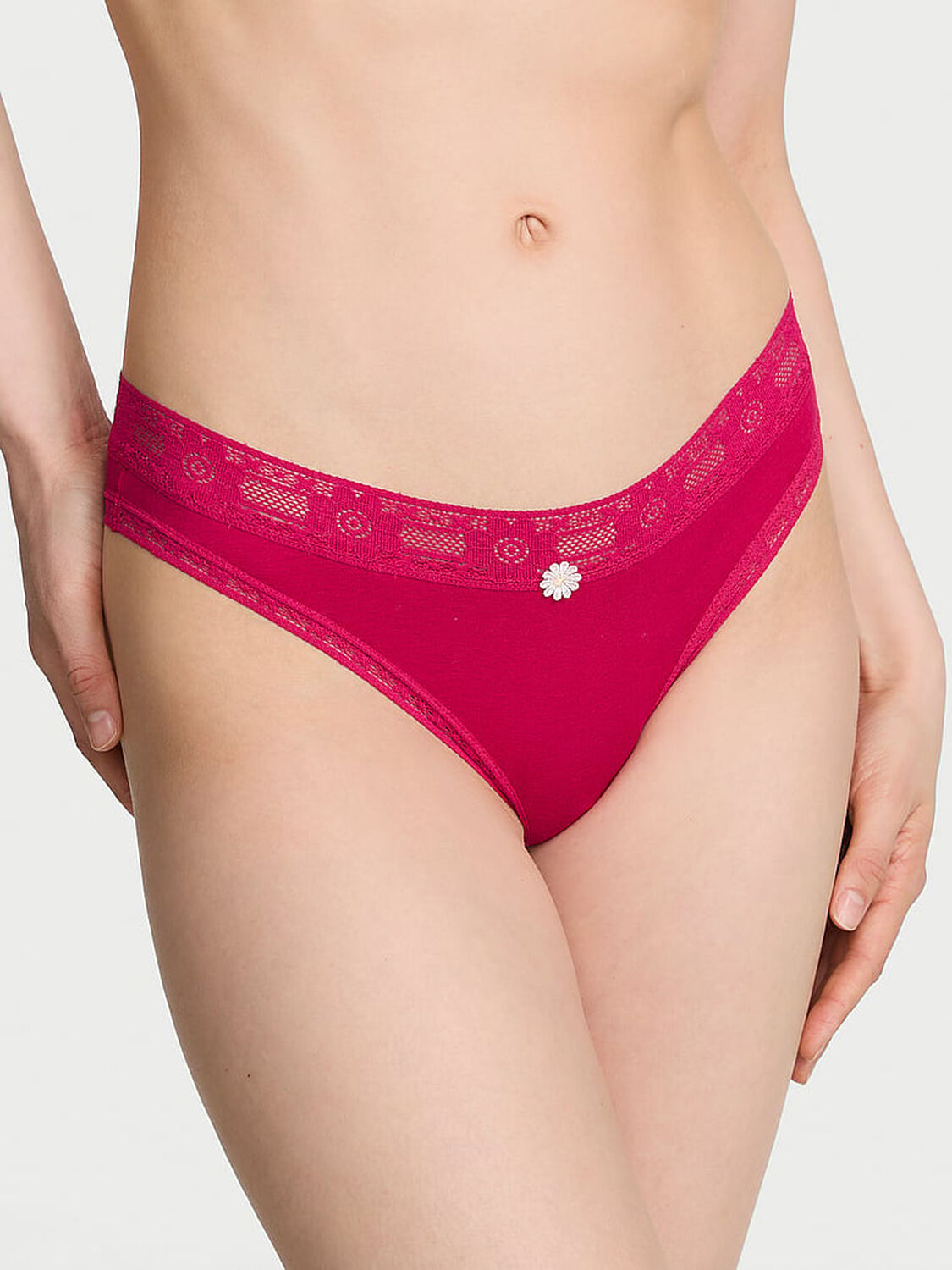 vs Lace Trim Cotton Lace-Trim Thong Panty Vibrant Fuchsia 1 of 3 