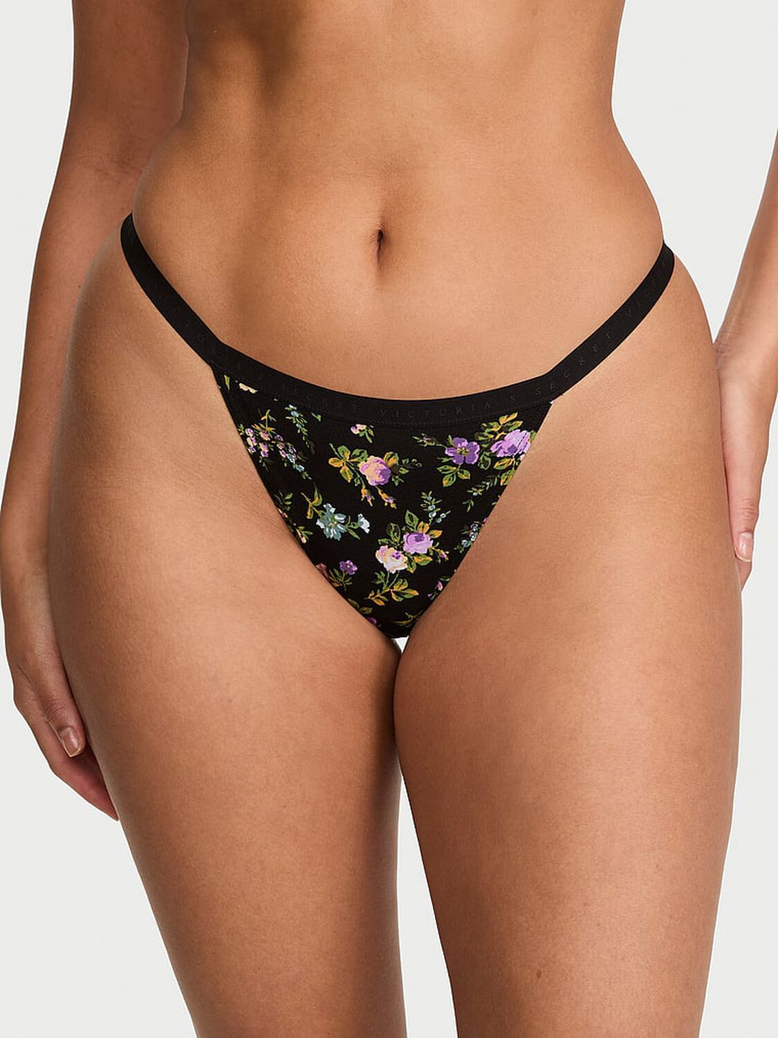 vs Victoria's Secret Stretch Cotton V-String Panty Black Blooming Floral 1 of 2 