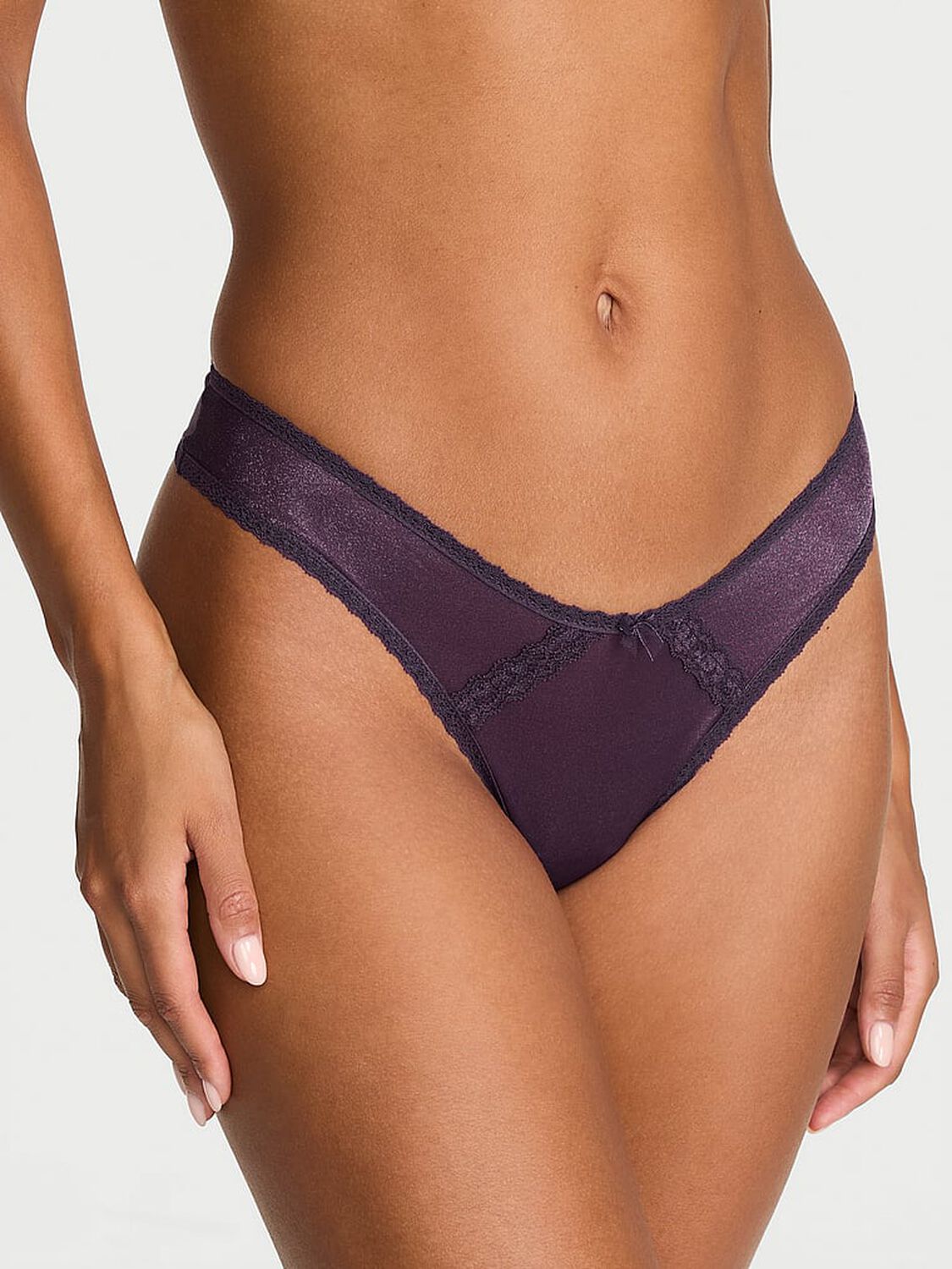 vs Dream Angels Sheer Shimmer Lace-Trim Brazilian Panty Shadow Purple 1 of 2 