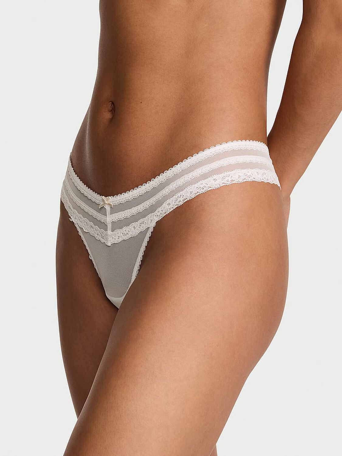 vs Dream Angels Mesh Lace-Trim Thong Panty Coconut White 1 of 2 