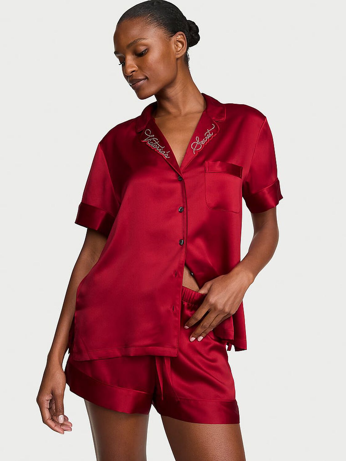 vs Victoria's Secret Signature Satin Short Pajama Set Red Lacquer 1 of 3 
