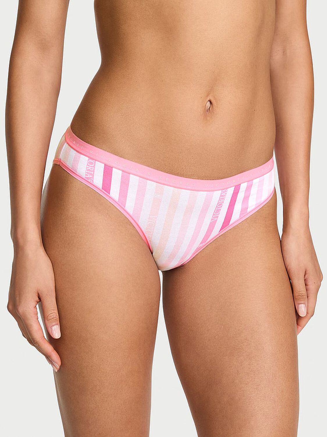 vs Victoria's Secret Stretch Cotton Bikini Panty Pink Logo Stripes 1 of 3 