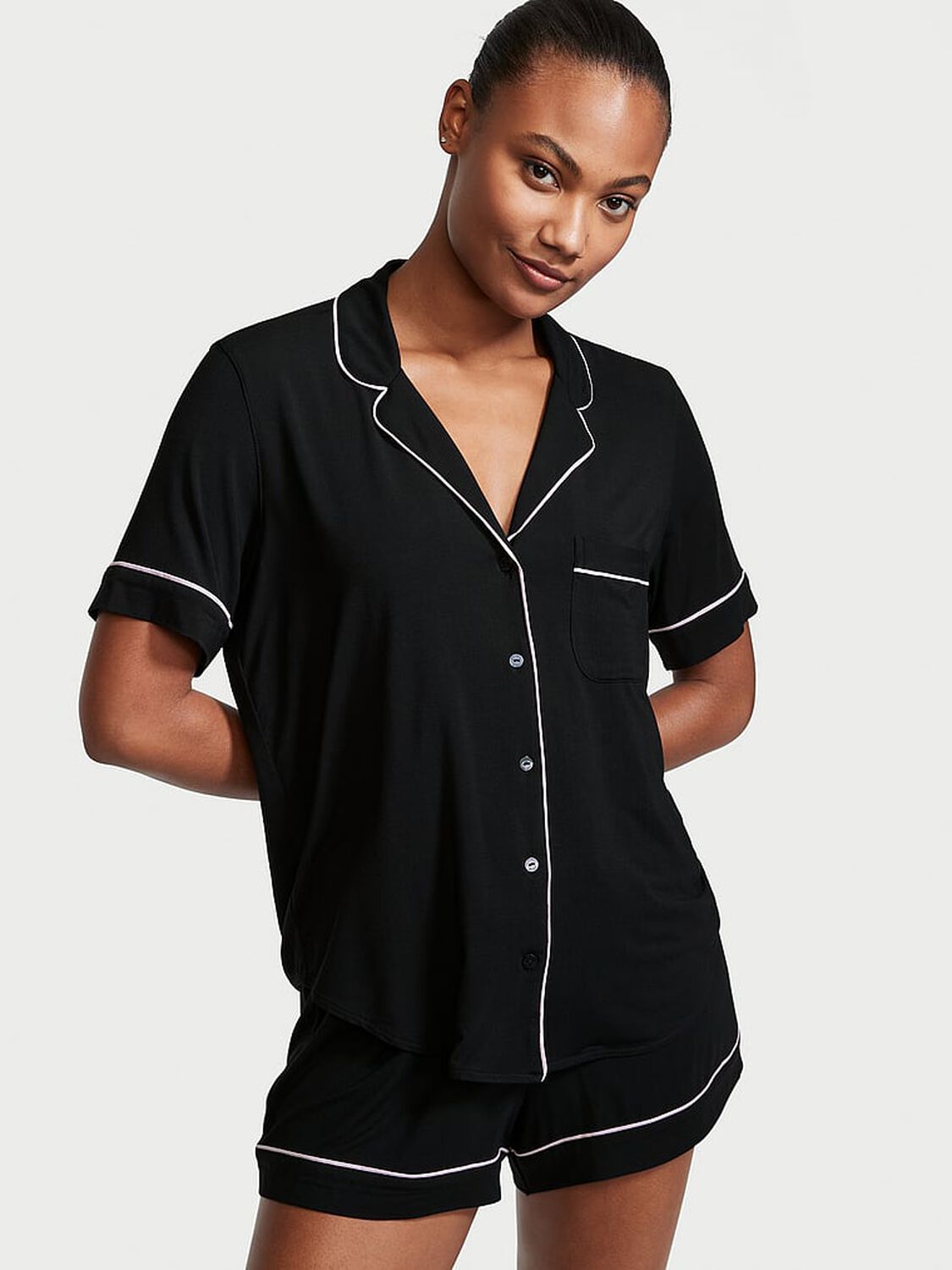 vs Victoria's Secret Modal Short Pajama Set Black W Angel Pink Piping 1 of 5 