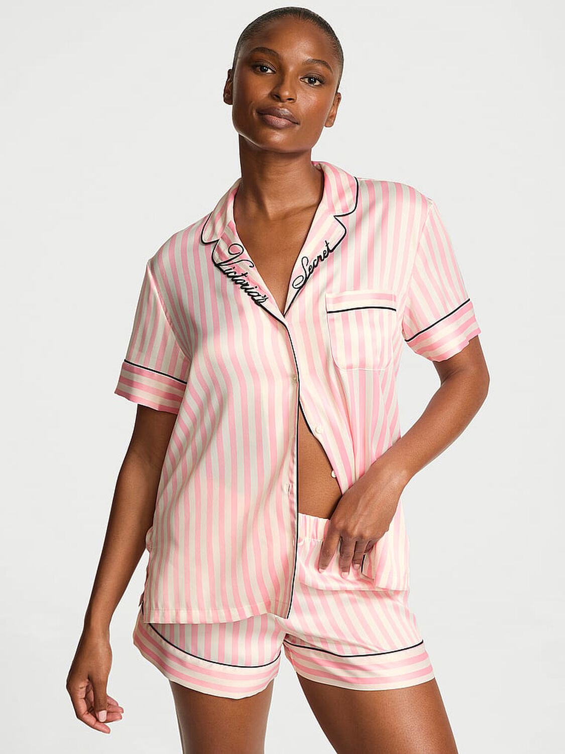 vs Victoria's Secret Glazed Satin Short Pajama Set Iconic Stripe 1 of 4 