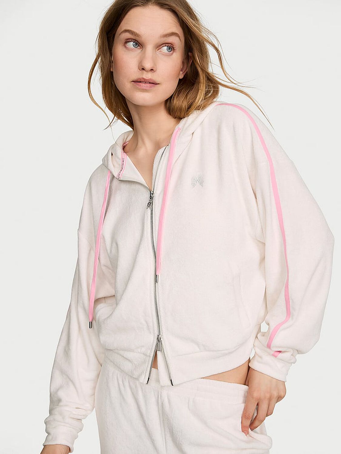 vs Angel Essentials Micro Terry Full-Zip Hoodie Coconut White 1 of 3 