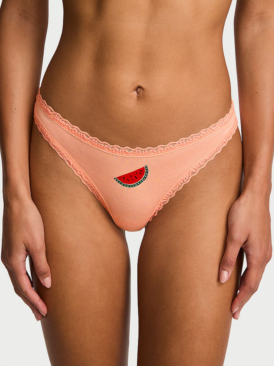 vs Lace Trim Cotton Lace-Waist Thong Tropical Peach Watermelon 1 of 3 