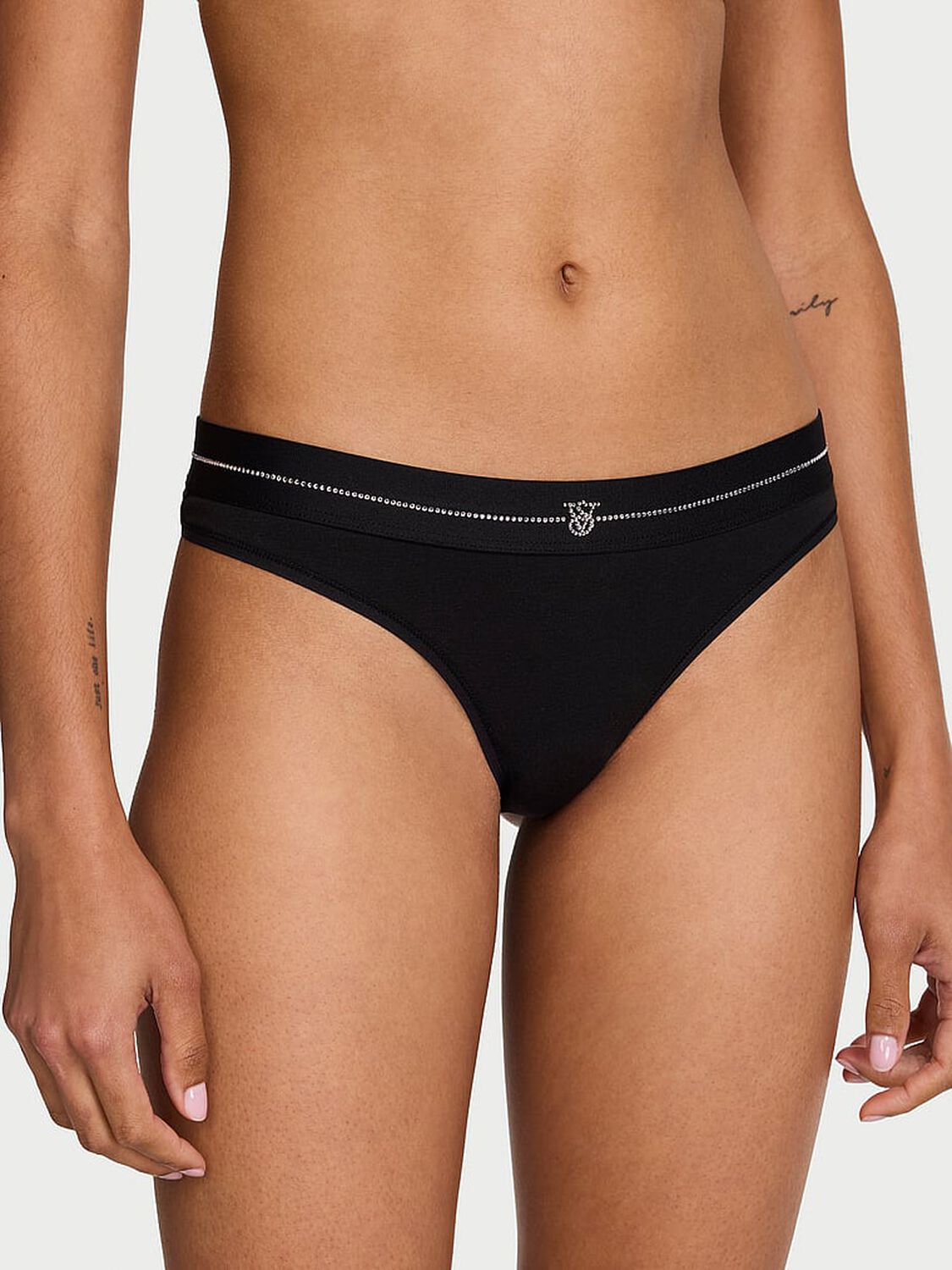 vs Cotton Shine Logo Cotton Thong Panty Black 1 of 3 