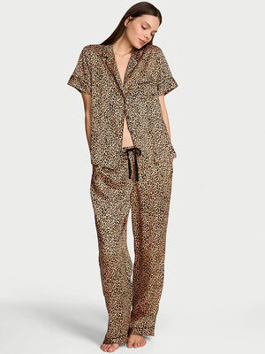 Glazed Satin Short-Sleeve Long Pajama Set