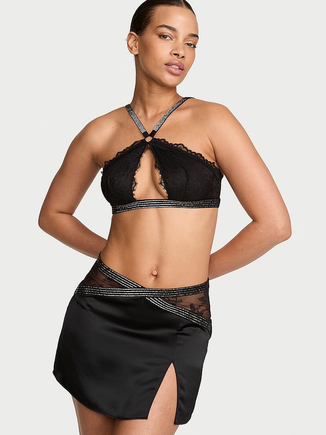 vs Very Sexy Shine Strap Lace Halter Bralette & Mini Skirt Set Black 1 of 4 