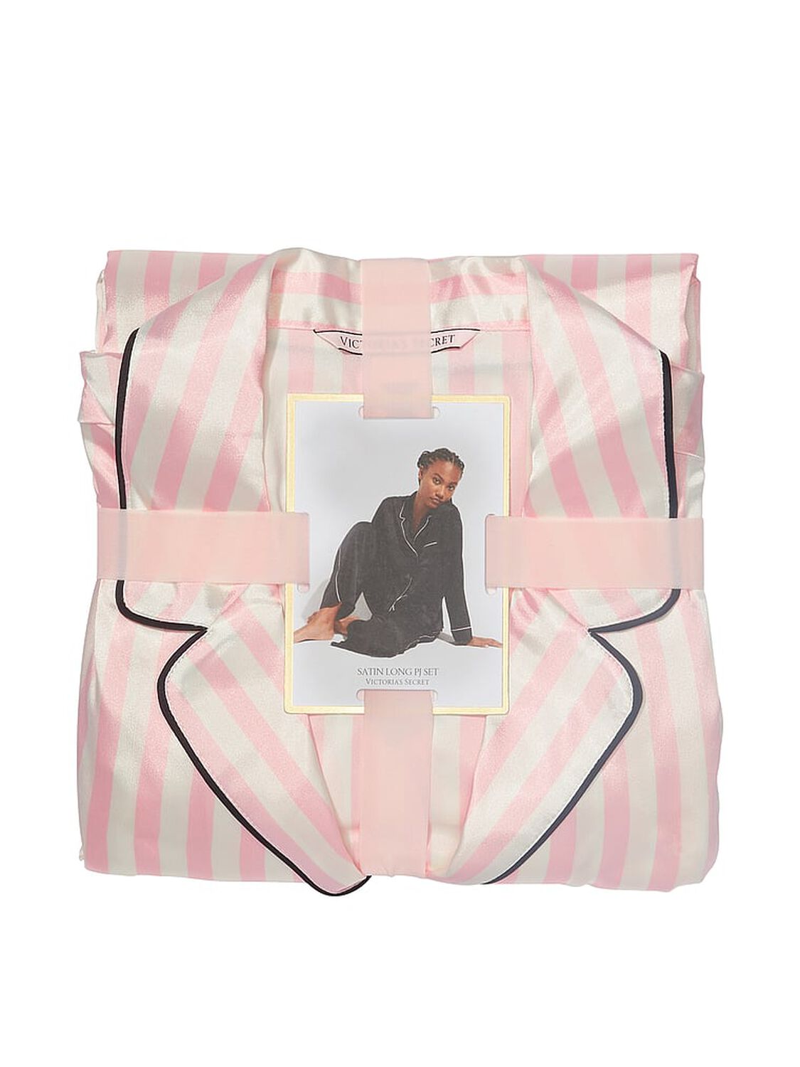 vs Victoria's Secret Glazed Satin Long Pajama Set Pink Iconic Stripes 4 of 5 