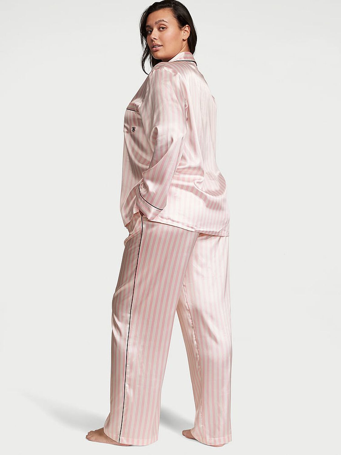 vs Victoria's Secret Glazed Satin Long Pajama Set Pink Iconic Stripes 2 of 5 