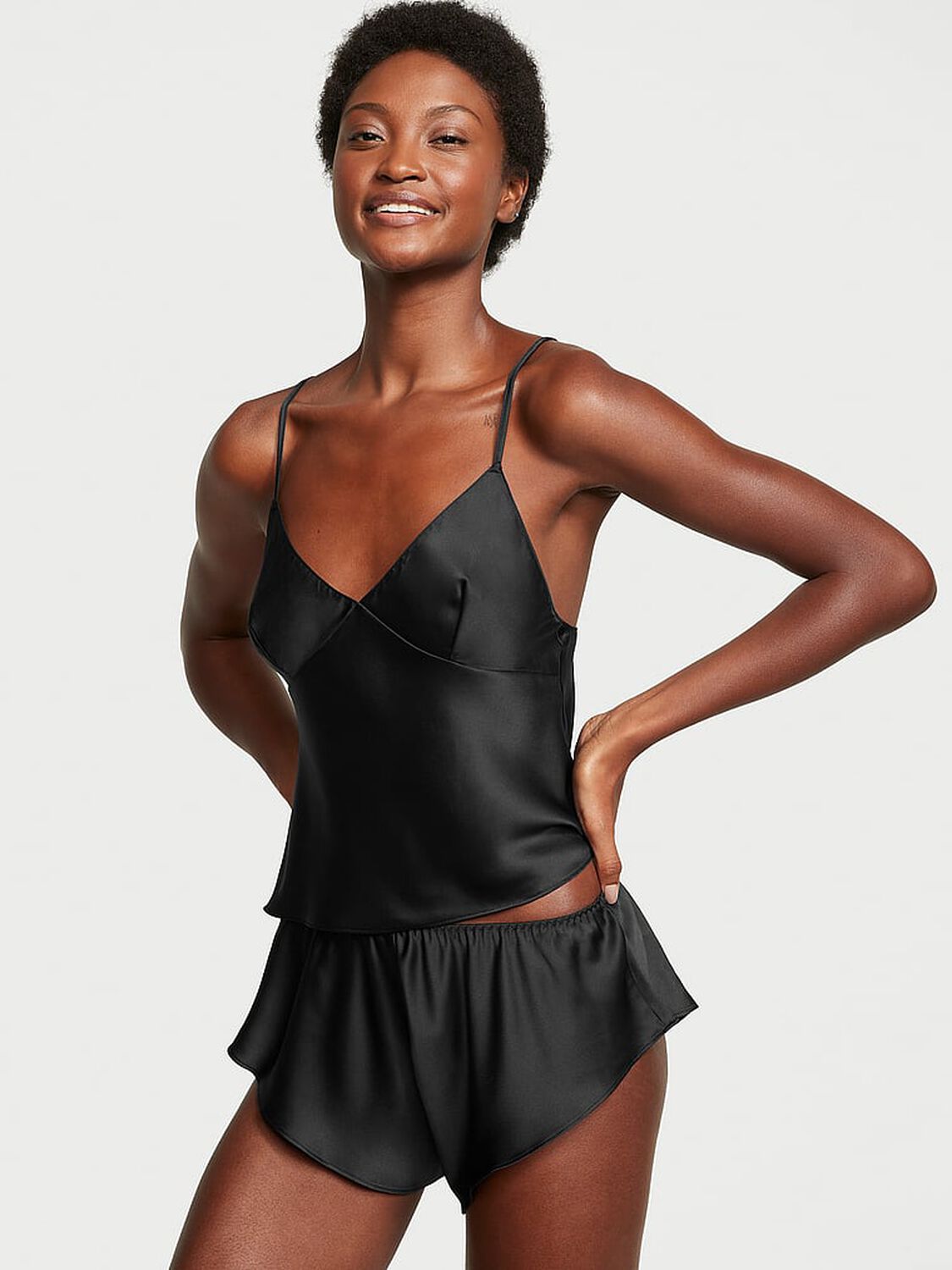 vs Victoria's Secret Satin Open-Back Cami & Shorts Set Black 1 of 3 