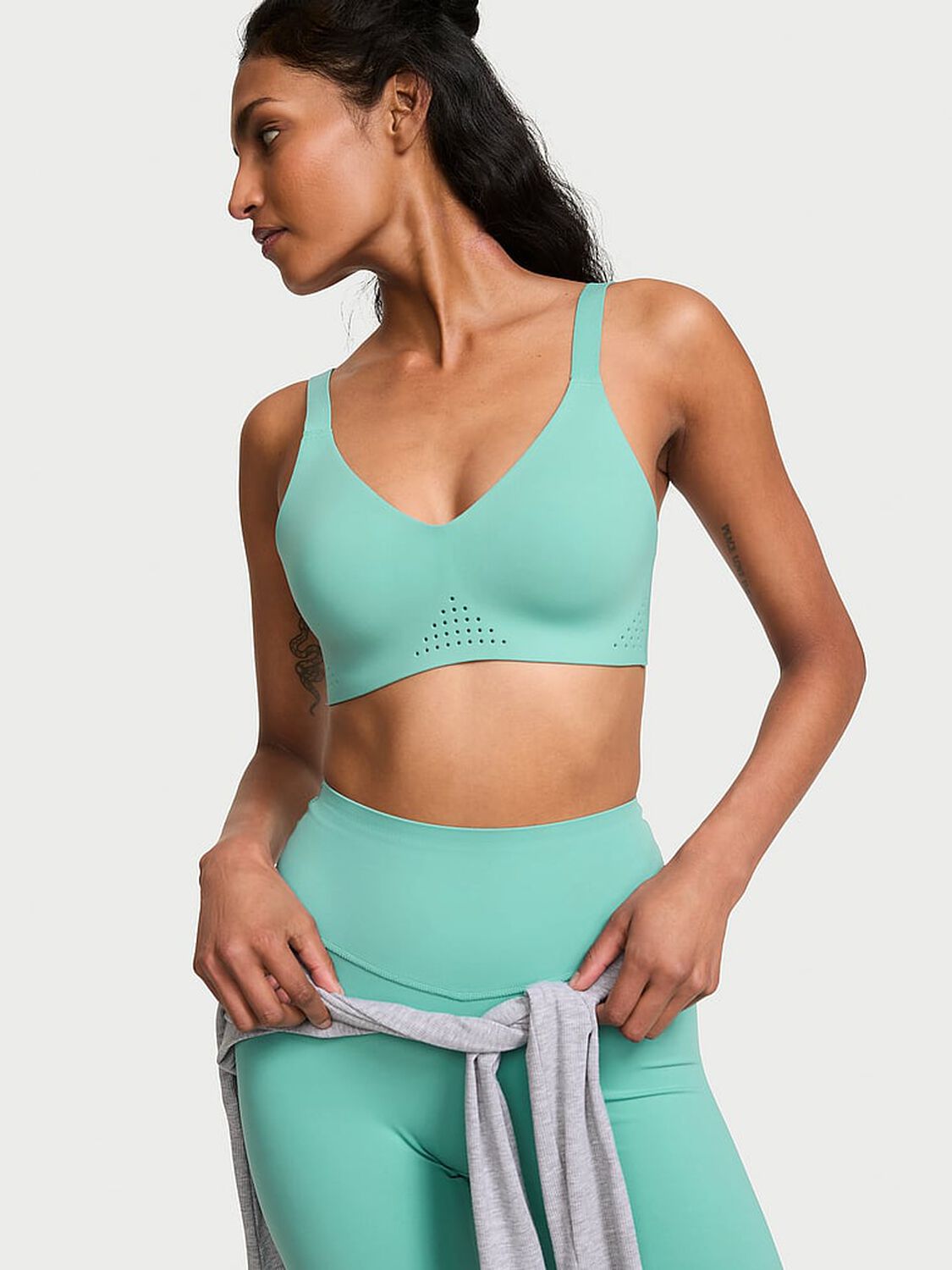 vs Vsx VSX Featherweight&trade; Medium V-Neck Sports Bra Dusty Turquoise 1 of 3 
