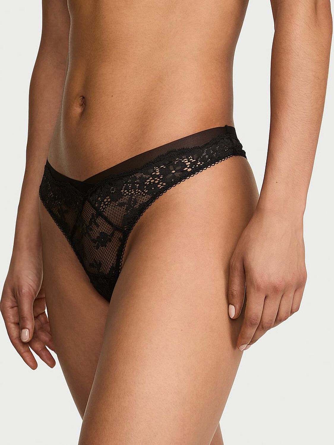 vs Dream Angels Lace & Mesh Thong Panty Black 1 of 2 