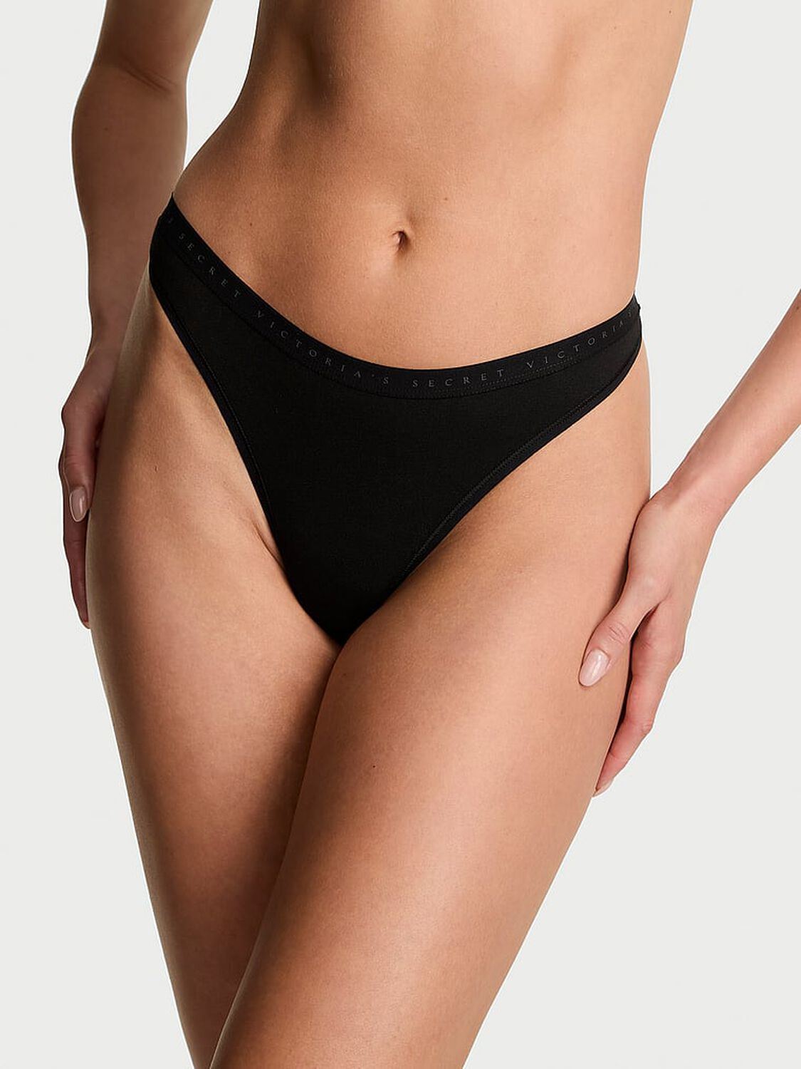 vs Victoria's Secret Stretch Cotton High-Leg Scoop Thong Panty Black 1 of 2 