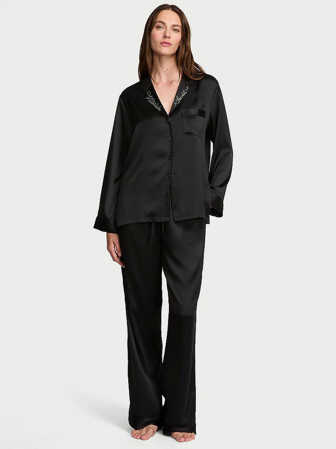 vs Victoria's Secret Signature Satin Long Pajama Set Black 1 of 3 