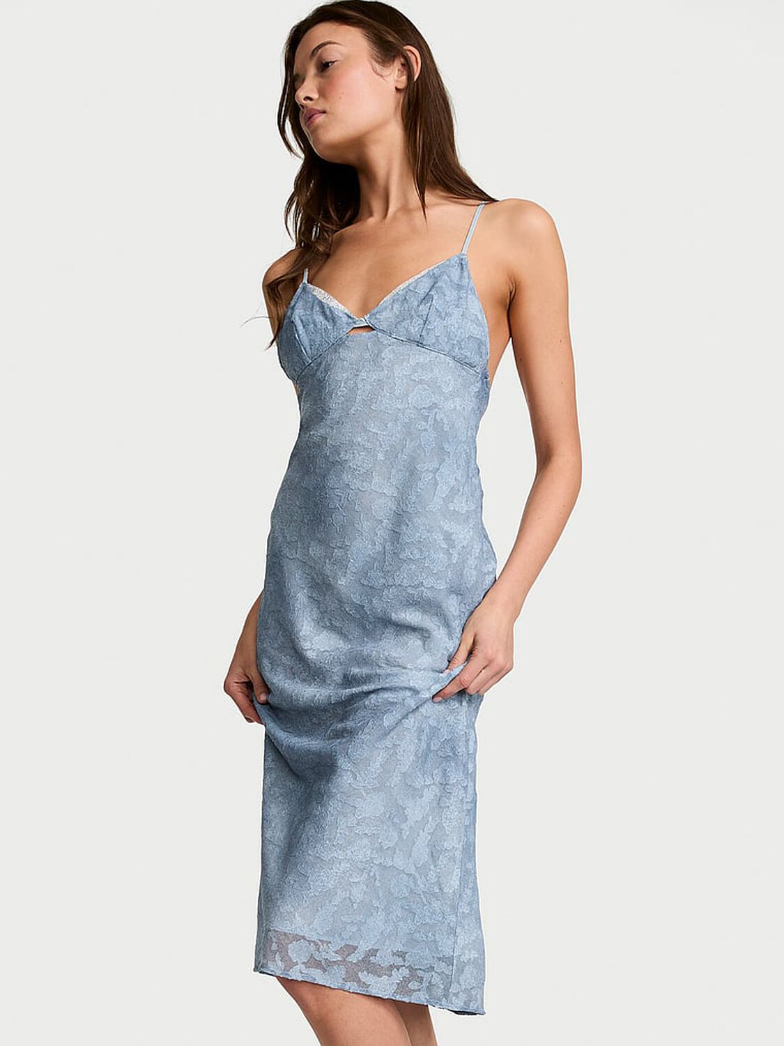 vs Very Sexy Denim Jacquard Shine Midi Slip Dress Denim Blue 1 of 3 
