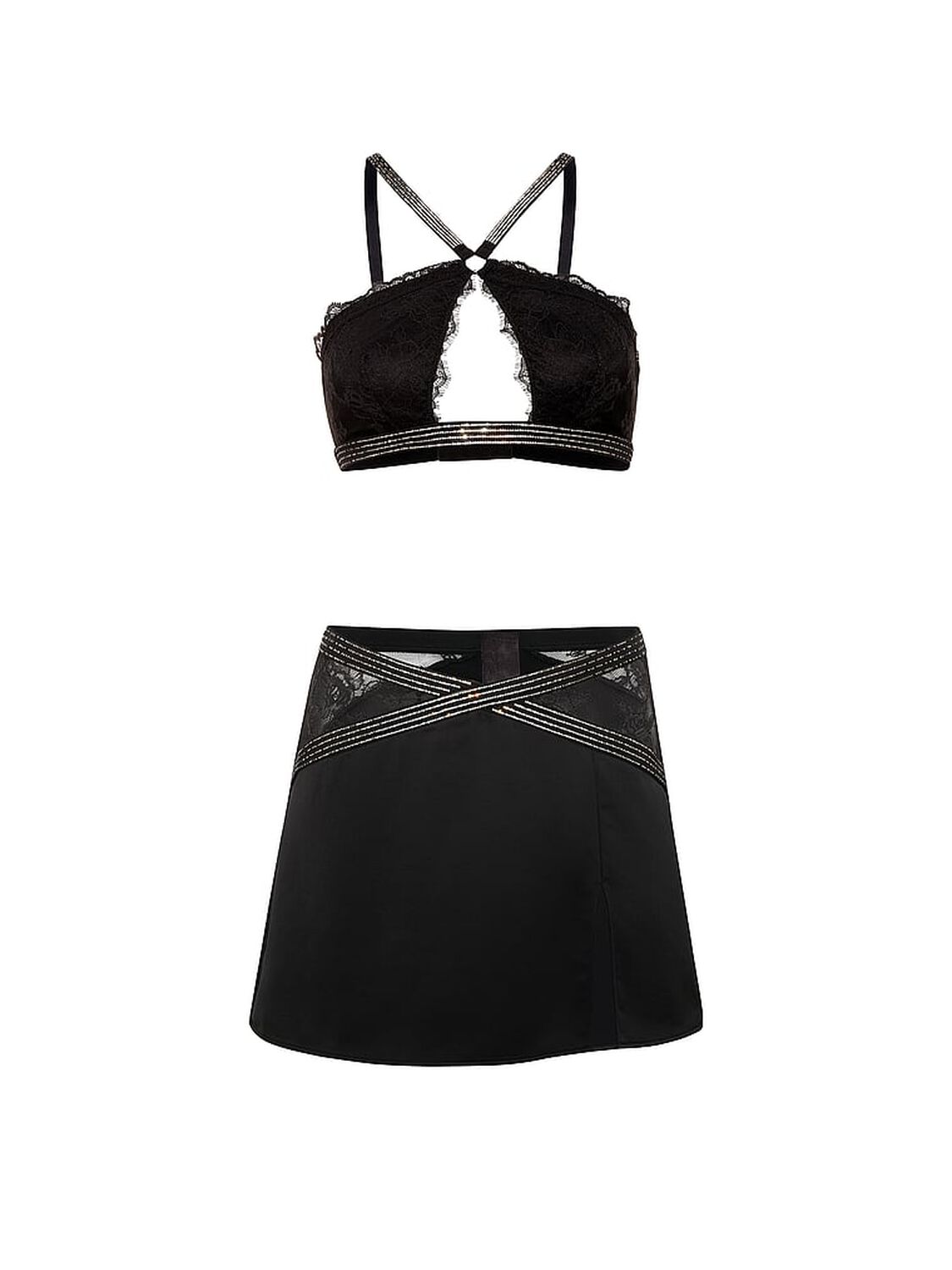 vs Very Sexy Shine Strap Lace Halter Bralette & Mini Skirt Set Black 3 of 4 