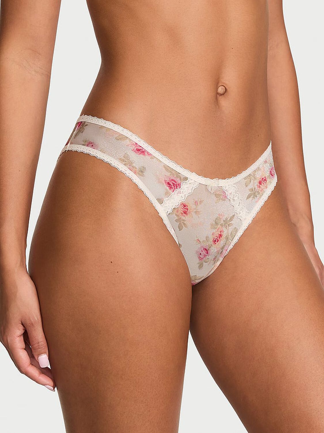vs Dream Angels Sheer Shimmer Lace-Trim Brazilian Panty Floral Print 1 of 3 