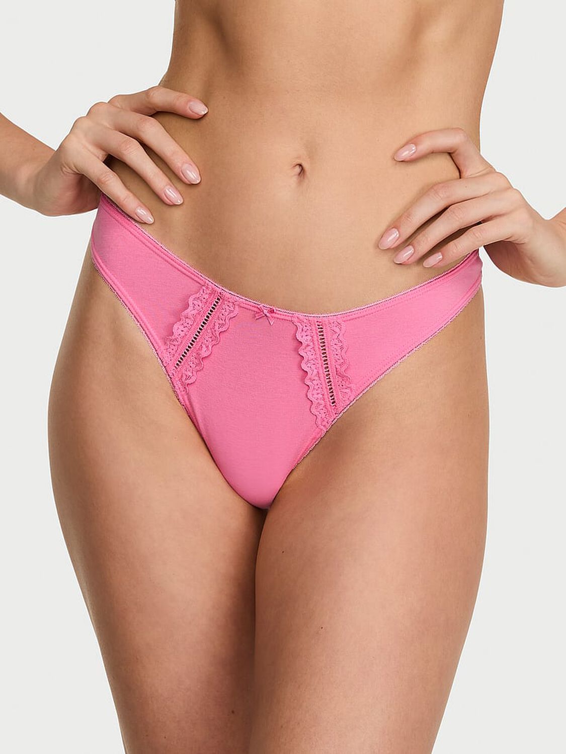 vs Victoria's Secret Cotton Lace-Trim High-Leg Scoop Thong Panty Sexy Little Pink 1 of 3 
