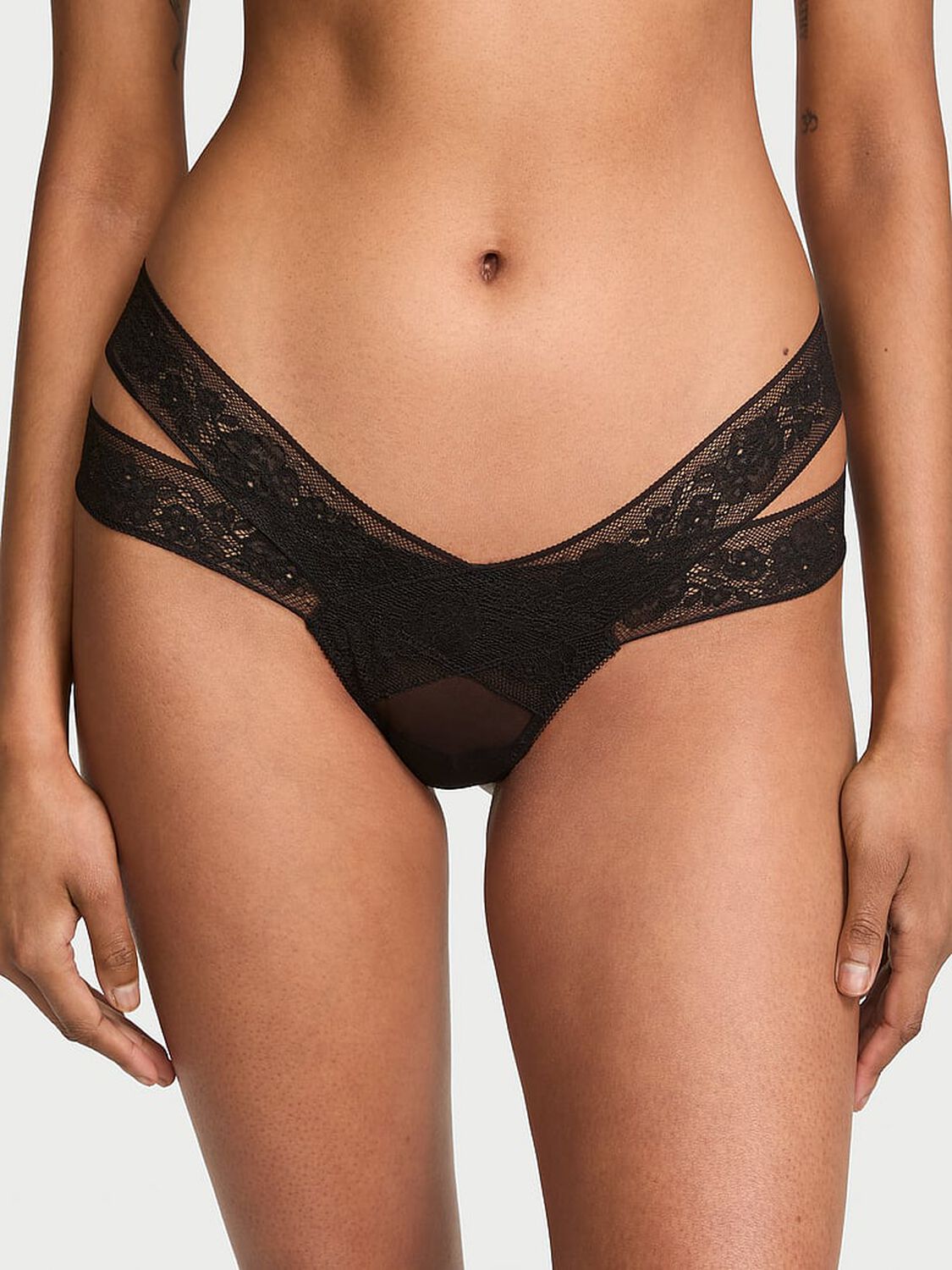 vs Very Sexy Rose Lace Strappy Cut-Out Thong Panty Black 1 of 3 