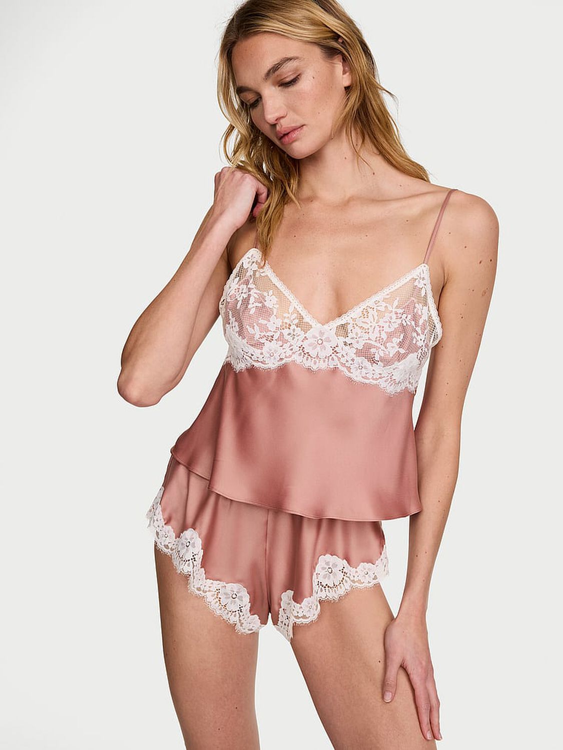 vs Dream Angels Satin Lace-Trim Cami & Flutter Shorts Set Antique Rose 1 of 3 