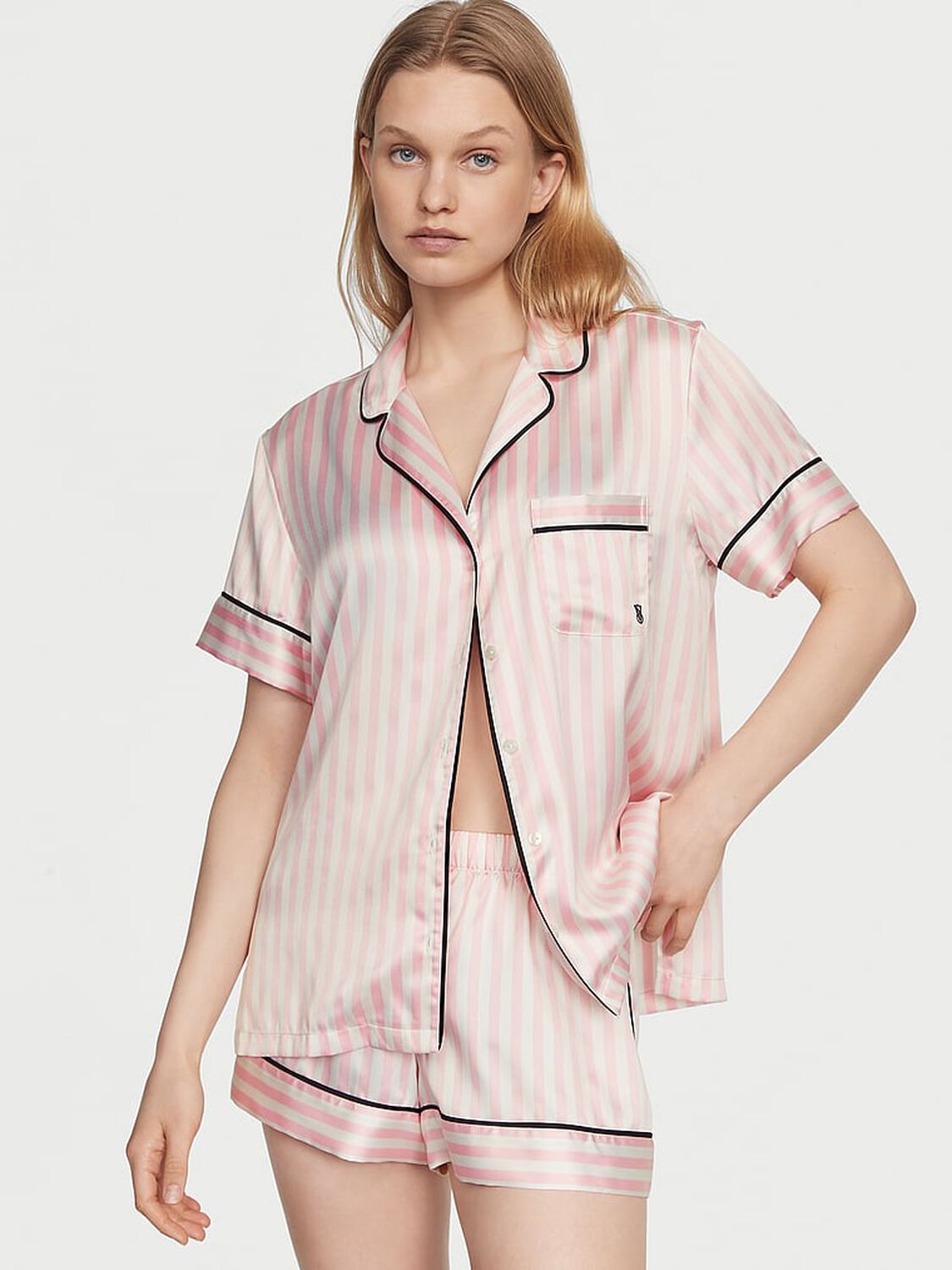 vs Victoria's Secret Glazed Satin Short Pajama Set Iconic Stripe 1 of 4 