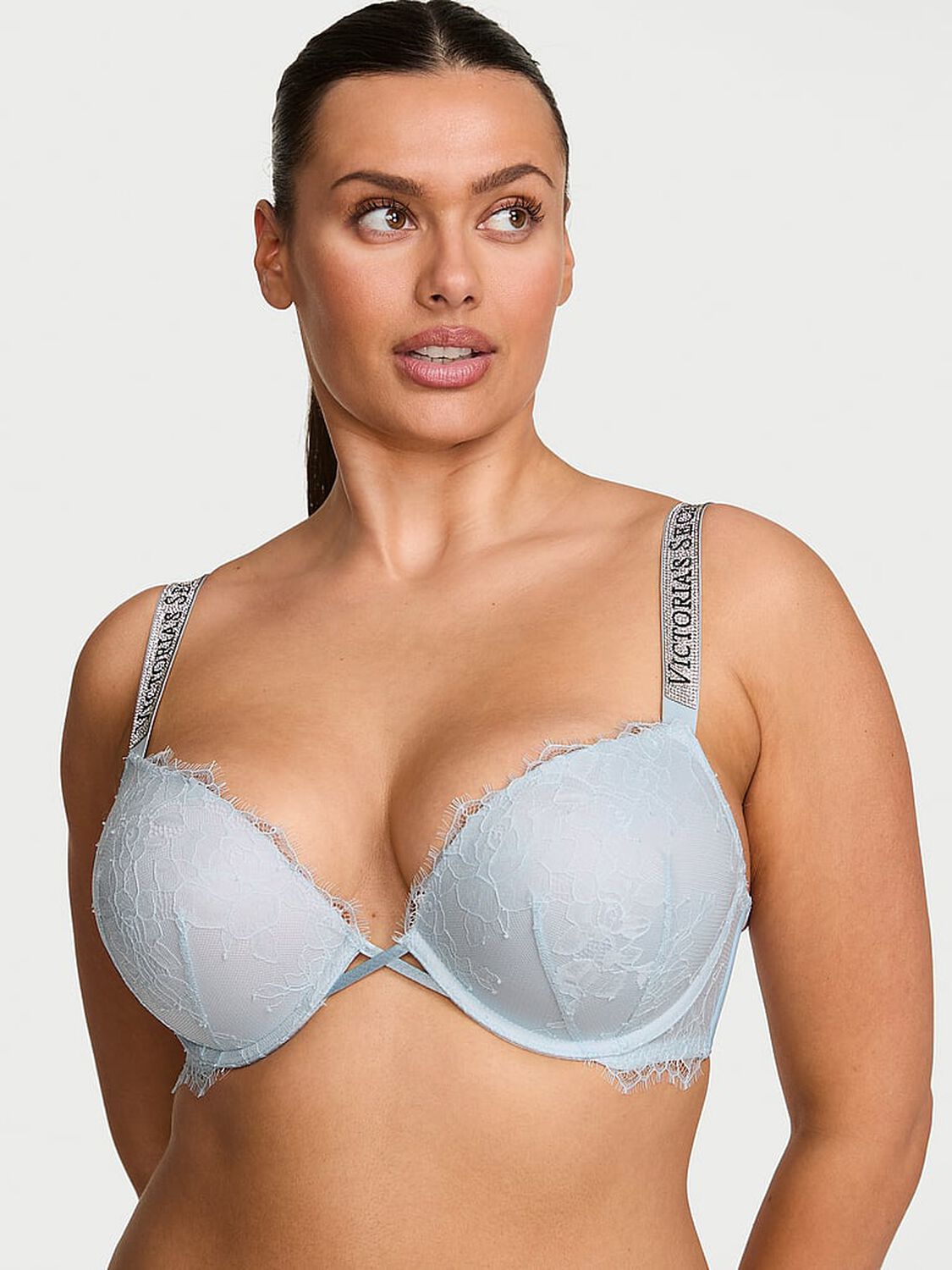 vs Very Sexy Bombshell Add-2-Cups Shine Strap Rose Lace Push-Up Bra Linen Blue 1 of 3 