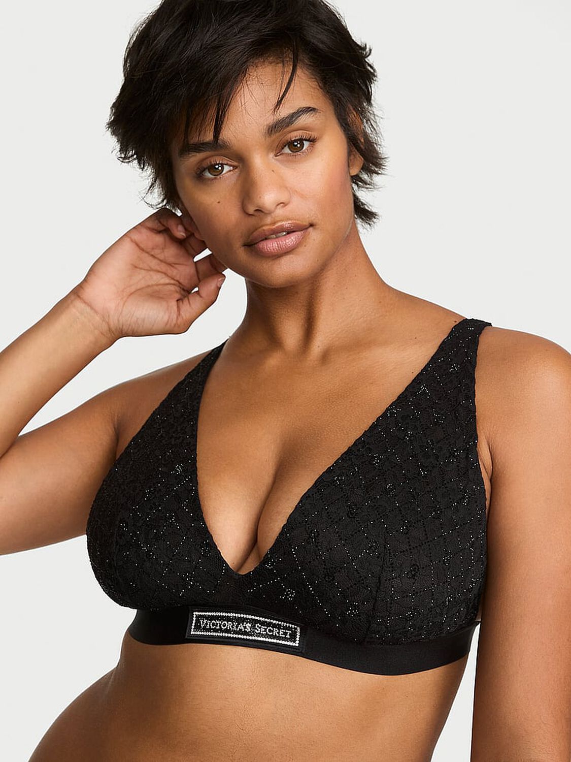 vs The T-Shirt Lace Shine Logo Wireless Plunge Bralette Black 1 of 3 