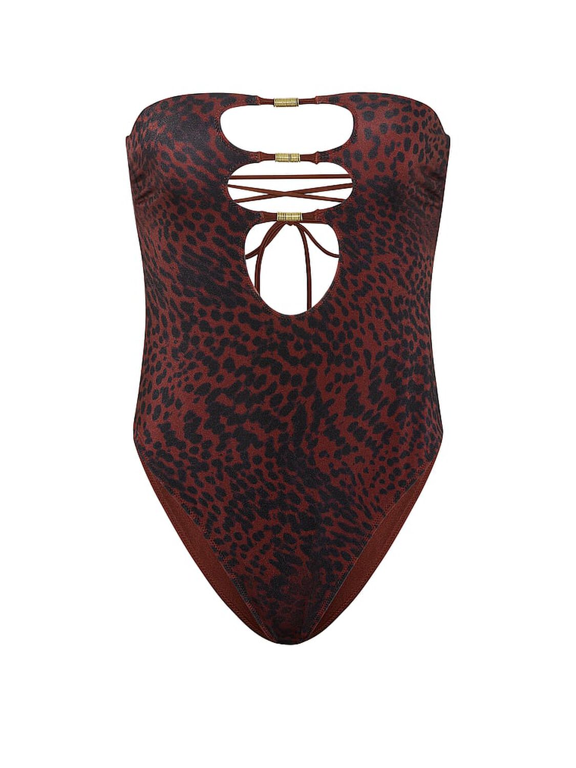 vs Victoria's Secret Swim Reversible Cut-Out Rings Strapless One-Piece Swimsuit Dark Chili Cheetah 3 of 4 