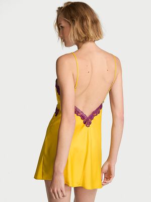 Satin Rose Lace-Trim Mini Slip Dress