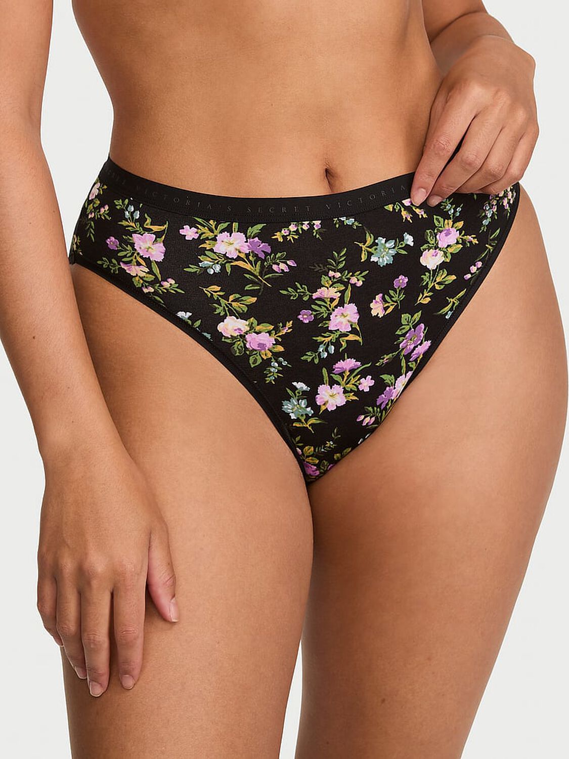 vs Victoria's Secret Stretch Cotton High-Leg Brief Panty Black Floral 1 of 2 